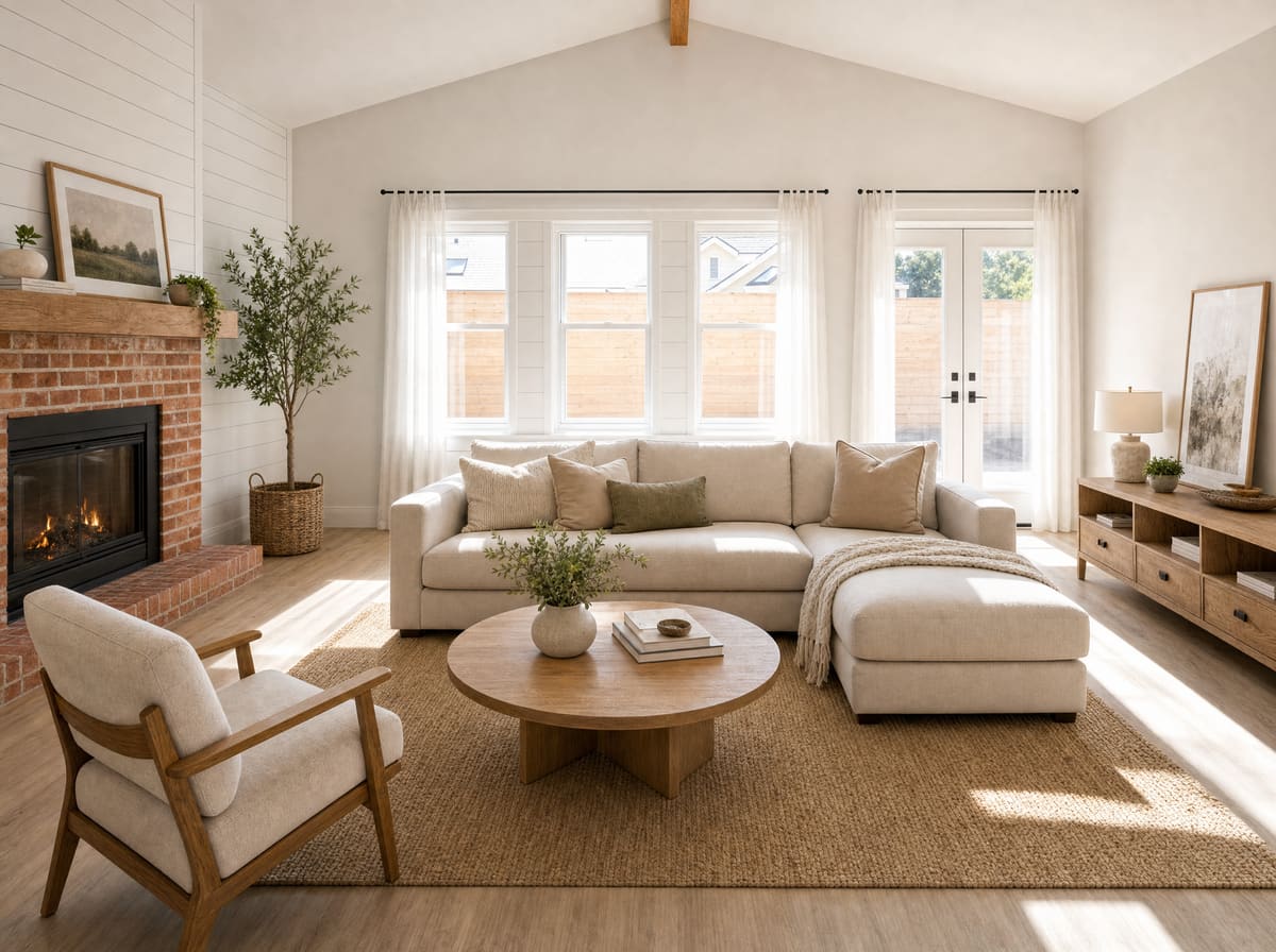 Bright living room with a sectional sofa and a lit brick fireplace